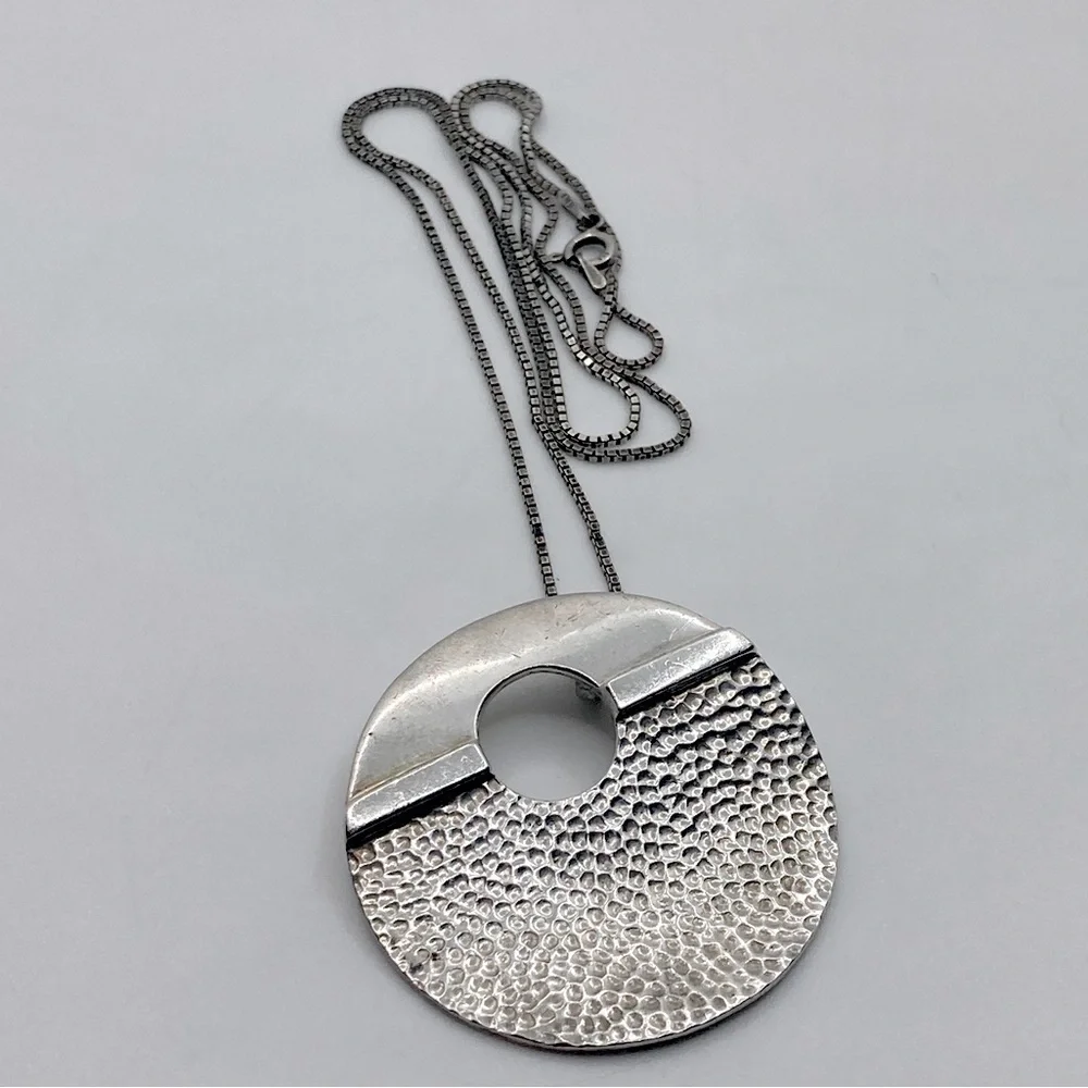 Vtg 925 Sterling Modernist Circle Pendant & Boxlink Chain 21” & 1.5” / 19.5g - Picture 2 of 10